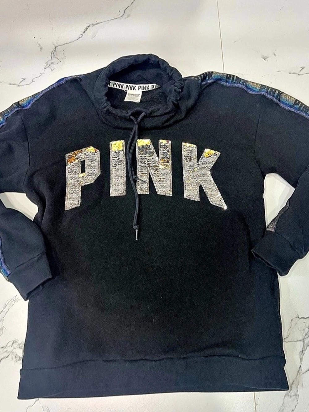 PINK Sequin Logo Sweatshirt in Black Like New